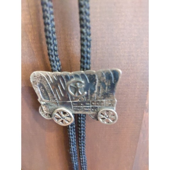 Bolero Neck Tie Covered Wagon Cowboy Rodeo Western Silver Tone Black Dressy - Picture 2 of 4